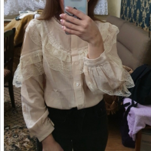 Lace blouse button shirt cream beige ruffle long sleeve  top womens - Picture 6 of 10